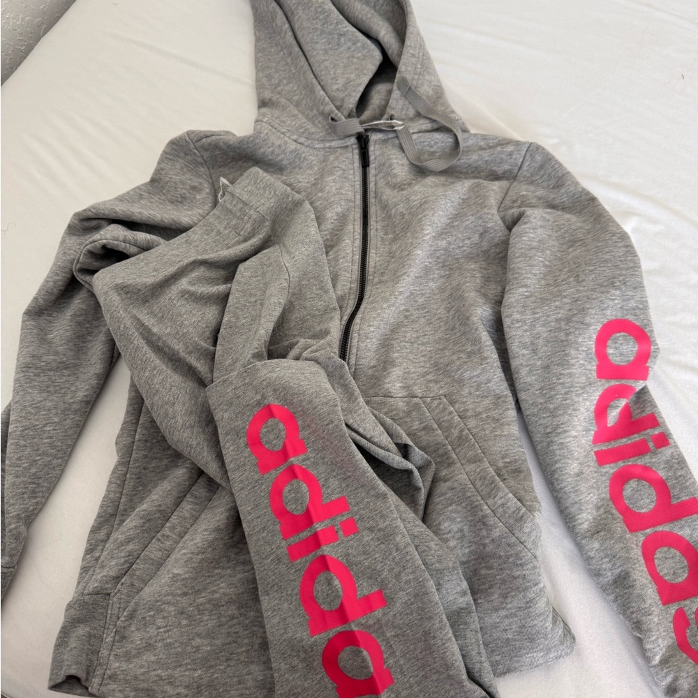 Adidas Gray Zip-Up Hoodie with Pink Logo and leggins pants